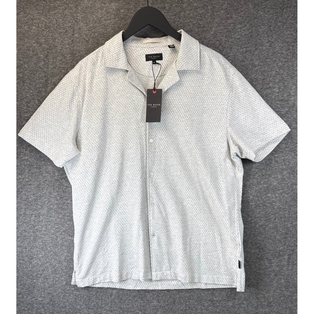 NWT Ted Baker Knit Camp Shirt Mens M Grey Textured Micro Chip Preppy Money Yacht